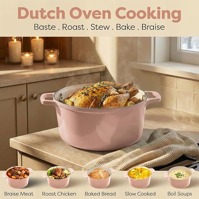 Gotham Steel 5 Qt Lightweight Ceramic Dutch Oven Pot with Lid, Nonstick Sourdough Dutch Oven for Bread Baking, 10 in 1 Stock Pot Ovens for Pasta, Spaghetti, Bread and More, Pots for Cooking