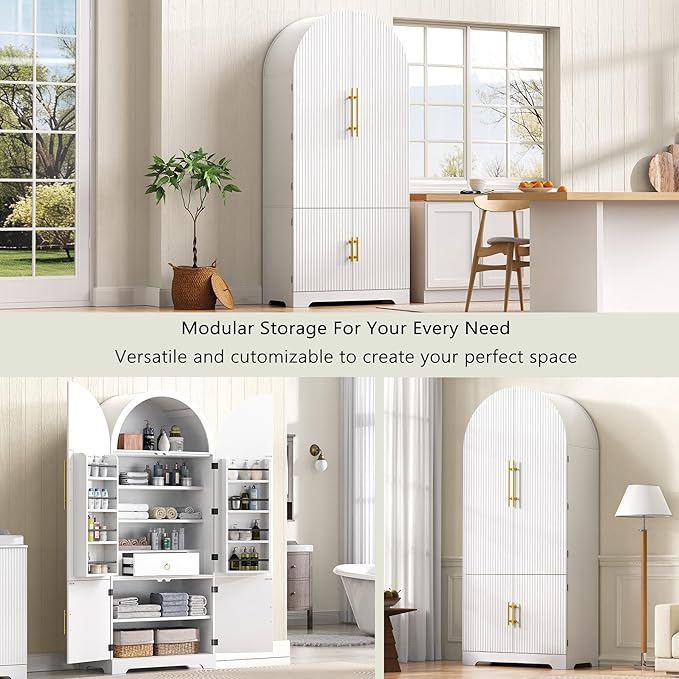 Ball & Cast 72?쿟all Arched Kitchen Pantry Cabinet with 8 Door Shelves & Drawers,Versatile Farmhouse Fluted Pantry Storage Cabinet w/ 3 Adjustable Shelves for Kitchen,Dining Room,White