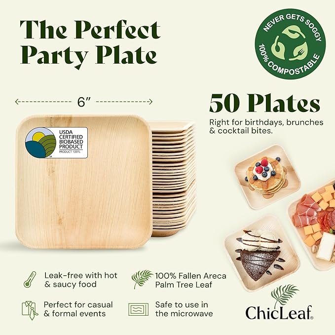 Chic Leaf Palm Leaf Compostable Plates - 6" Square, Pack of 50 - Disposable Dinnerware for Christmas Food, Rustic Bamboo Appetizer Plates - Charcuterie Boards & Biodegradable Serviceware
