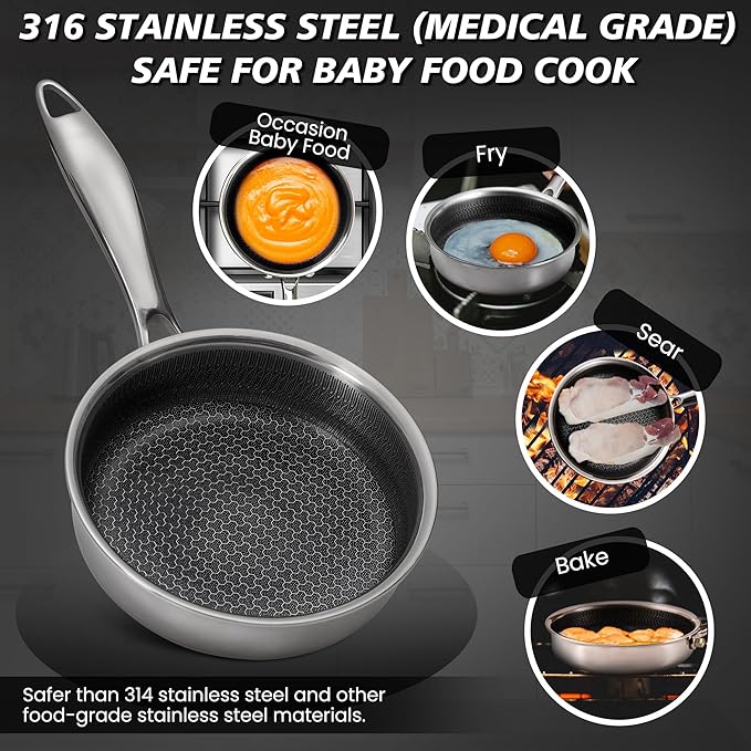 Stainless Steel Frying Pan, Small Egg Pan, Nonstick Honeycomb Surface, Tri-Ply Bonded, Induction Cooktop Compatible, 6-Inch, Silver