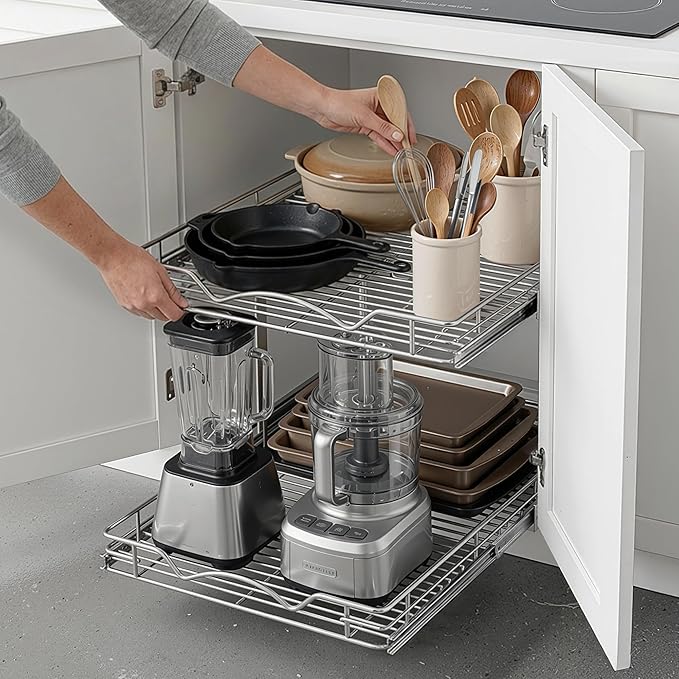 HOLDN??STORAGE Two Tier Pull Out Cabinet Organizer, Individual Sliding Drawers - Heavy Duty Metal with Lifetime Limited Warranty - Anti Rust Chrome Finish - 11" W x 21?쒭 x 16.5" H
