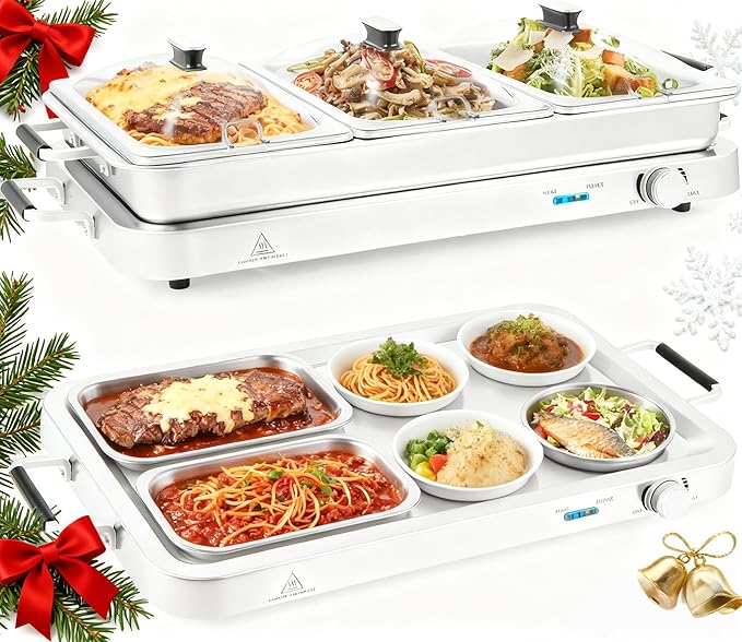 LDAILY Buffet Servers and Warmers, 8 QT Stainless Food Warmer w/Adjustable Temp, Triple Chafing Dishes & Clear Slotted Lids, 450W Electric Warming Trays for Buffets Party, Banquets, Holiday Events