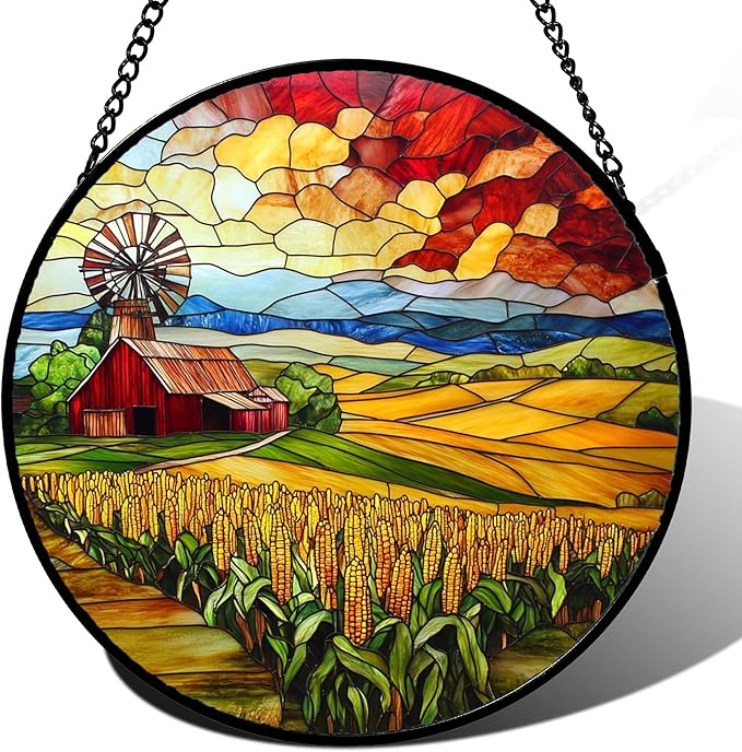 Stained Glass Window Hanging Autumn Farm Corn Harvest Landscape 6.3" - Suncatcher Garden Door Sun Catcher Home Decor Birthday Christmas for Woman Mom Friend Men Nana