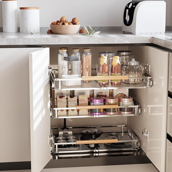 2Pack Expandable Pull Out Cabinet Organizer, Adjustable Width:12.3~18.5''W x 22.5''D Under Sink Organizer, Drawer Storage Shelves for Kitchen, Bathroom, Closet, Pantry, Cupboard, Pots, Pans