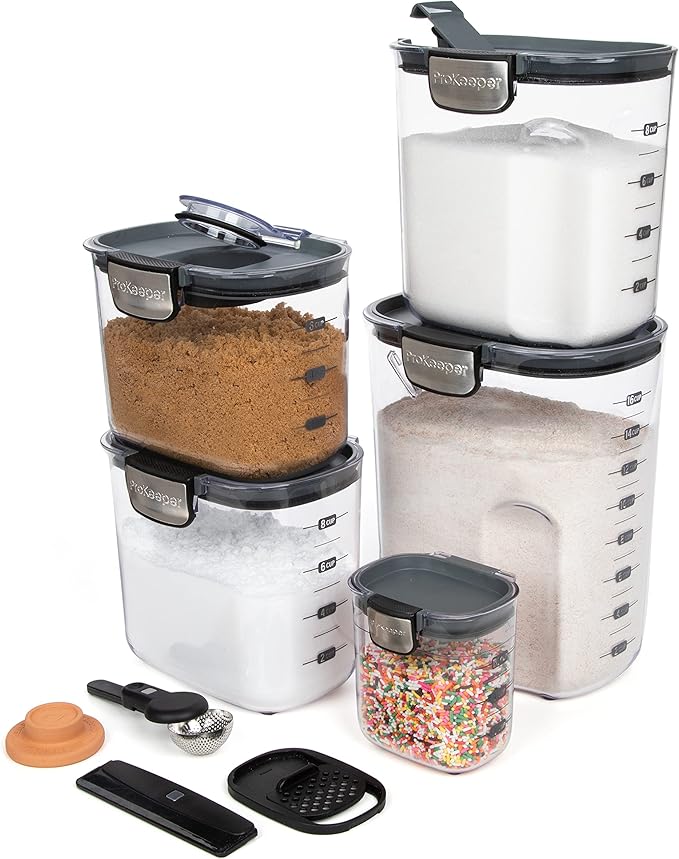 ProKeeper+ Airtight Food Storage Container Set ??Clear Plastic Flour and Sugar Canister Set with Magnetic Accessories for Kitchen Organization (Grey, 9-Piece)