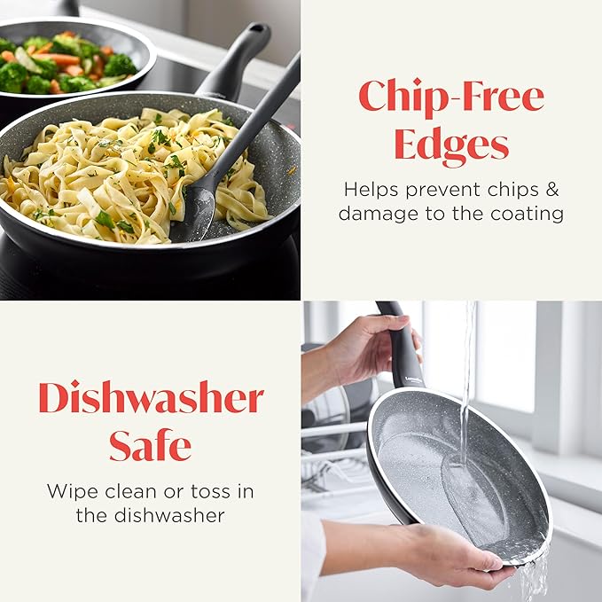 Rigoletto 9.5??Nonstick Frying Pan Skillet, Made in Italy, Layered Ceramic PFAS-Free Surface, Induction Ready, Dishwasher & Metal Utensil Safe, Granite Finish, Stay-Cool Handle,Black