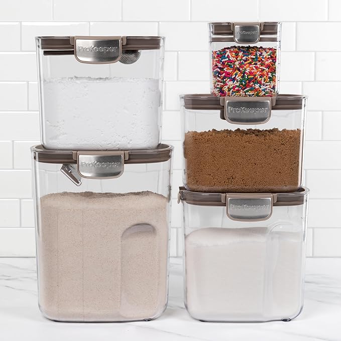 ProKeeper+ Airtight Food Storage Container Set ??Clear Plastic Flour and Sugar Canister Set with Magnetic Accessories for Kitchen Organization (Taupe, 9-Piece)