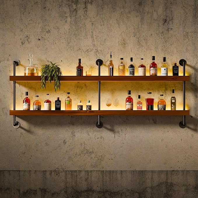 Wall Mounted Wine Rack with LED Light, LED Industrial Pipe Wine Shelf, 2-Tier Hanging Bottle Rack, Bar Storage Shelf for Bottles (Walnut Brown, 60")