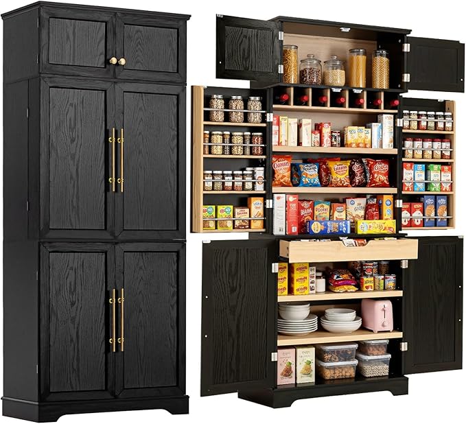78" Farmhouse Tall Kitchen Pantry Cabinet, Wood Storage Cabinets with Hidden Drawer and 4 Adjustable Shelves, Cupboard with Wine Rack and Door Shelves for Kitchen Dining Room, Black