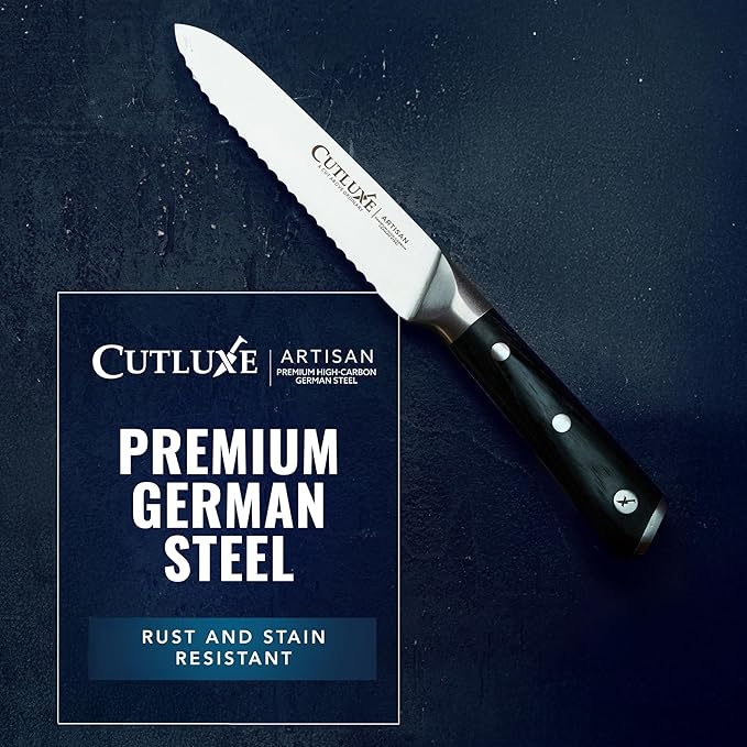Cutluxe Kitchen Utility Knife ??5" Serrated Ultra Sharp Blade, Ergonomic Handle, Full Tang ??Forged High Carbon German Steel ??Artisan Series
