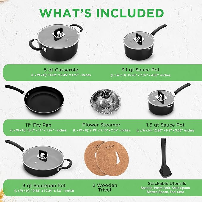 NutriChef 17-Piece Non-Stick Pans & Pots Set ??Space-Saving, Induction-Compatible, Foldable Knob, Black Cookware with Heat-Resistant Utensils for Kitchen & RV