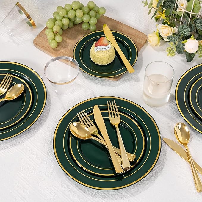 350PCS Green and Gold Plates - Green Plastic Plates 50Guests Plastic Plate with Rolled Napkins for Party/Birthday/St. Patrick's Day
