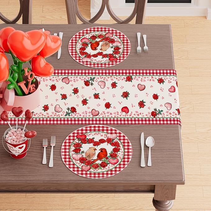 XCHI Plaid Roses Flowers Love Hearts Cardinal Valentine's Day Round Placemats Set of 4 Table Mats for Party Home Kitchen Dining Table Decorations 14x14 Inch
