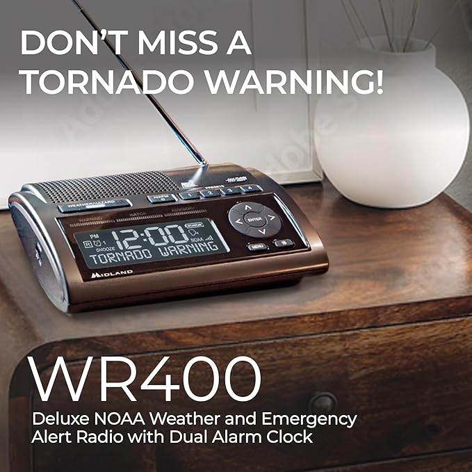 Midland - WR400 Weather Radio Deluxe - NOAA Emergency Alert Scanner ??Home Use with Battery Backup - Local County Programming Over 80 Emergency Voice Flashing Alerts ??Alarm Clock AM/FM Radio
