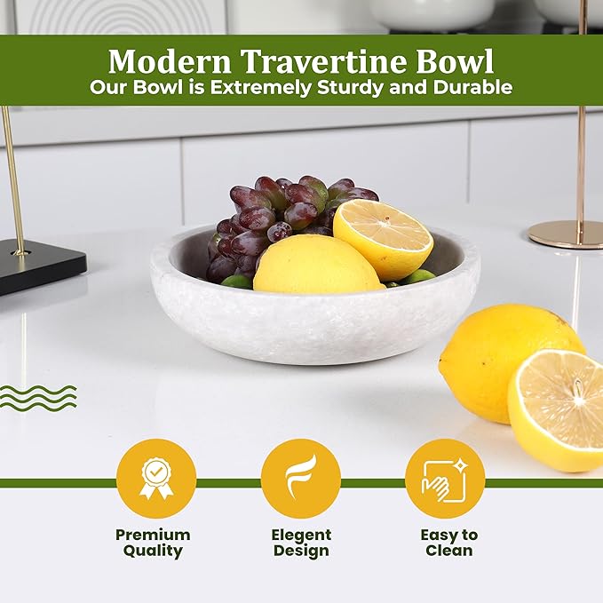 Travertine Decorative Bowl - 7.8??Diameter & 2??Height - Key Bowl for Entryway Table - Organic Modern Centerpiece - White/Gray