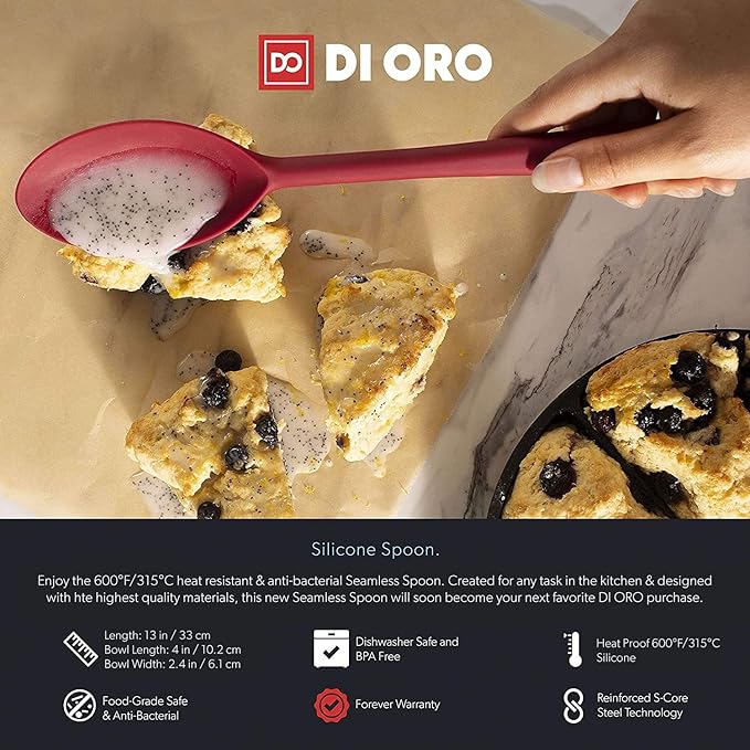 DI ORO Cooking Spoon - Solid Silicone Spoon 600째F High Heat Nonstick Cookware Safe - Kitchen Spoon for Cooking & Baking - Large Serving Spoon Utensil for Mixing & Stirring - Dishwasher Safe (Red)