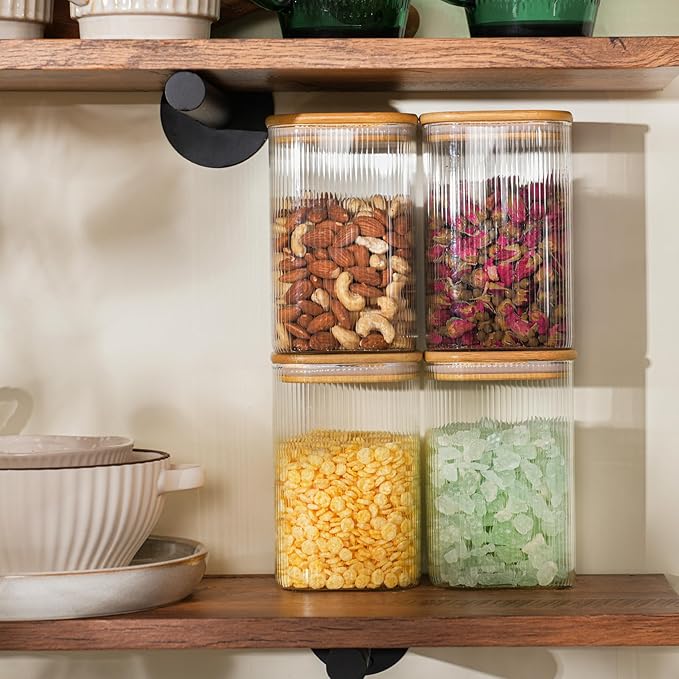 37oz Airtight Glass Square Storage Canisters with Bamboo Lids Set of 6 (1100ml) Striped Stackable Containers, Decorative Kitchen Jars for Tea, Nuts and Coffee (?럚ith Black Lable)