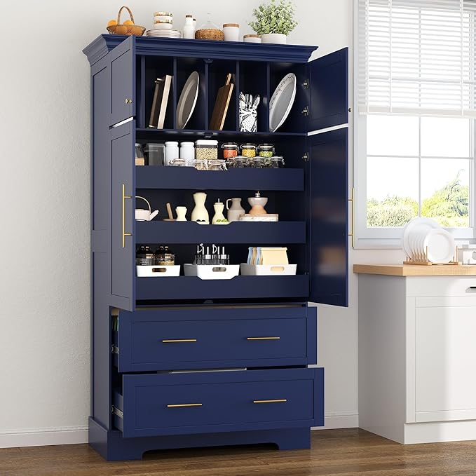 Merax 72.6" Farmhouse Kitchen Pantry Cabinet with Pull-Out Trays & Drawers, Freestanding Pantry with Cake Pan Storage, 4-Door Shaker Style Storage Cabinet, 40" L x 18" W, Blue