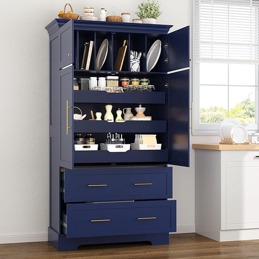 Merax 72.6" Farmhouse Kitchen Pantry Cabinet with Pull-Out Trays & Drawers, Freestanding Pantry with Cake Pan Storage, 4-Door Shaker Style Storage Cabinet, 40" L x 18" W, Blue