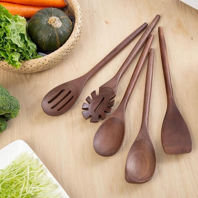 2PSC Wooden Cooking Spoons, 14 Inch Wooden Spoon for Cooking Mixing Salad or Soup Stirring, Black Walnut Nonstick Cookware Wood Cooking Spoons for Serving with Long Handle Smooth Finish