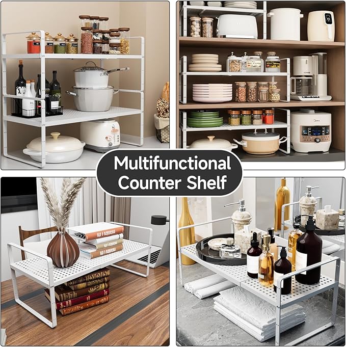 Expandable Cabinet Countertop Shelves 16.5-27?쇺셂, Adjustable Metal Spice Rack Organizer, Stackable Kitchen Counter Storage Shelves Organizers for Cabinet Organization, White