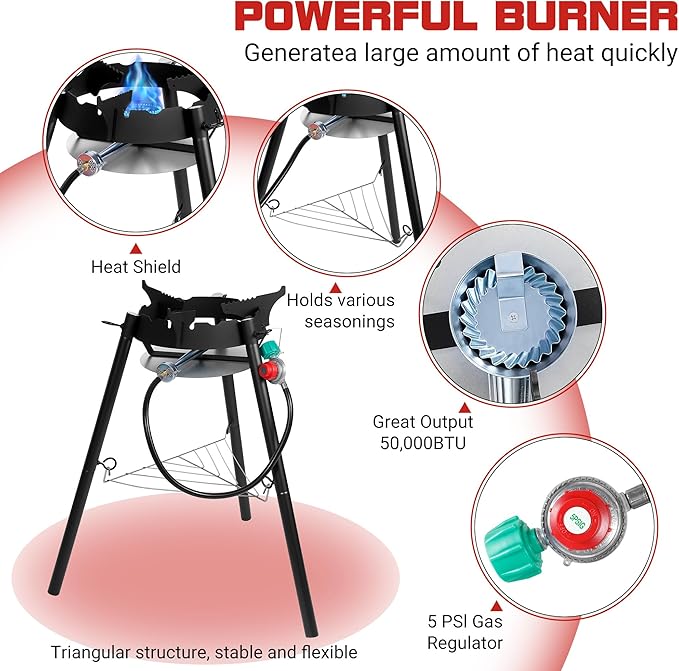 Q044-Paella Pan Set with Burner, 16 Inch Carbon Steel Outdoor Pan and Reinforced/Adjustion Legsfor Outdoor Cooking