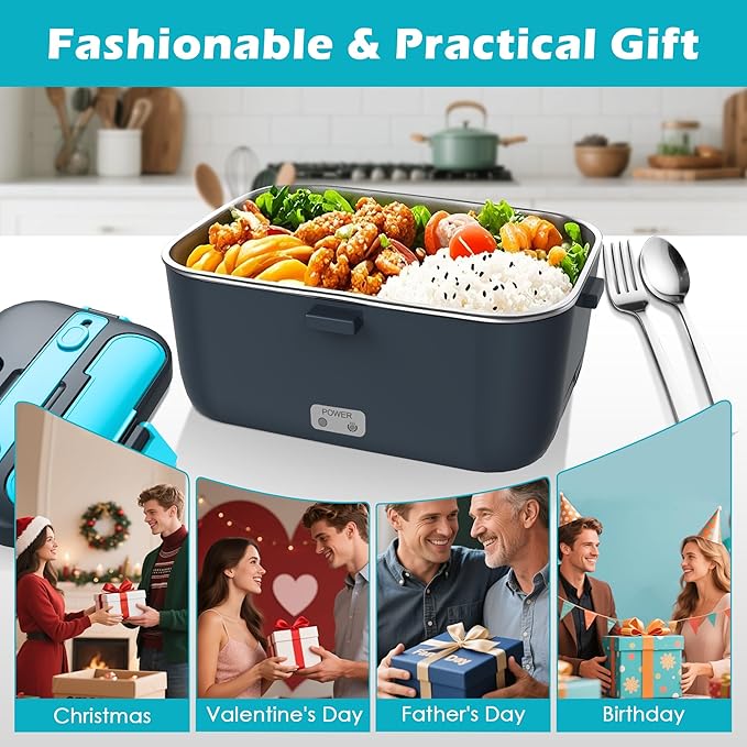 COZYEXPERT Electric-Lunch-Box-Heated-Food-Warmer 100W Heating Lunchbox for Adults 1.8L Portable Food Heater for Work/Car, 12V/24V/110-230V Lonchera El챕ctrica Port찼til with Fork Spoon (Gray+Blue)
