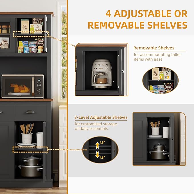 71" Kitchen Hutch with Charging Station, Tall Pantry Storage Cabinet with Microwave Stand, Adjustable Shelves, Slide Drawers, Large Buffet Pantry Cabinet for Kitchen, Dining Room, Black