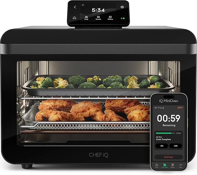 CHEF iQ MiniOven Smart Toaster Oven Air Fryer Combo, 11-in-1 Countertop Convection Oven, Bake, Broil, Air Fry, Broil, Dehydrate, 1750W, 25 Qt Capacity, Fast Cooking with Touchscreen Controls ??Black