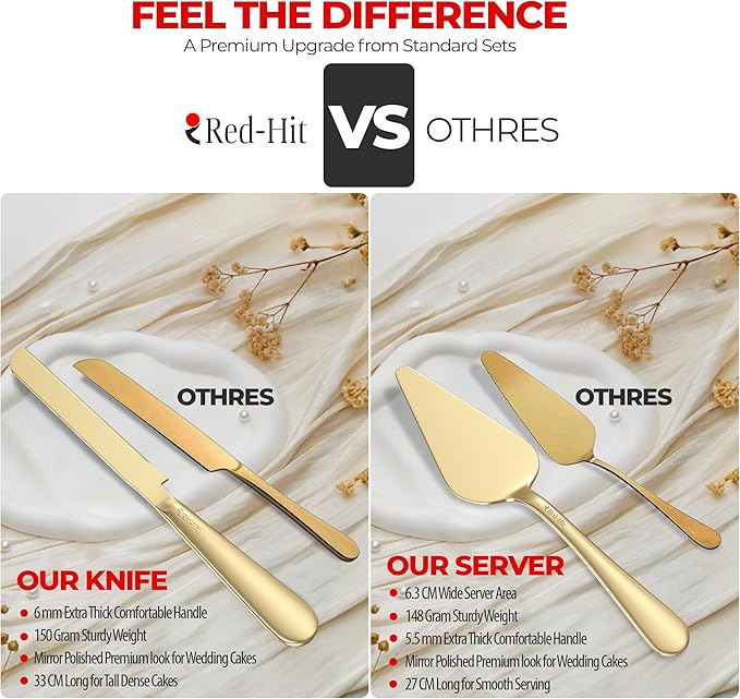 Elegant Gold Cake Knife and Server Set, Extra Thick Stainless Steel Cake Cutter and Cake Server with Bonus Forks & White Bows, Cake Cutting Set for Wedding, Birthday and Christmas Celebrations