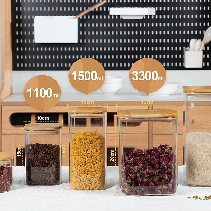 52oz Airtight Glass Square Storage Canister with Bamboo Lid Set of 3 (1550ml) Container Stackable Spice Jar, Kitchen Canister for Flour, Cookies, Cereal and Coffee beans (?럚ith Black Lable)