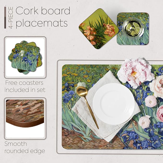 Moderry Set of 4 Heat Resistant Cork Placemats for Dining Table with Free Set of 4 Matching Drink Coasters Van Gogh Masterpieces Design 16 x 12 Inches Cork Backed Hard Placemats (Floral Van Gogh)