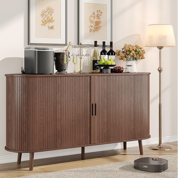 59" Sideboard Buffet Cabinet ,Storage Cabinet with with Charging Station & Drawers & Sliding Door & Adjustable Shelves, Modern Accent Coffee Bar Console Table for Kitchen Entryway, Living Room, Walnut