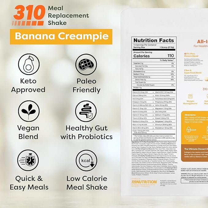 310 Nutrition All-In-One Plant-Based Meal Replacement Shake ??High-Fiber Protein with Probiotics, Digestive Enzymes & Adaptogens ??Vegan, Low Carb, Keto Friendly Superfood Blend ??Banana Cream Pie ??28 Servings