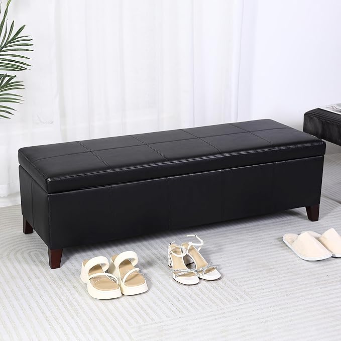 DECO DE VILLE Storage Ottoman Bench, 51 Inch Faux Leather Foot Rest with Hinged Lid, Black Bed Bench