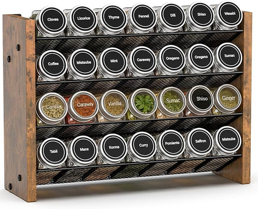 NESAPTO Spice Rack Organizer for Cabinet, Wooden 4 Tier Vertical Seasoning Organizers for Kitchen Pantry, Countertop/Wall Mount, Holds 28 Spice Jars (No Jars Included), 14" W 횞 9.4" H