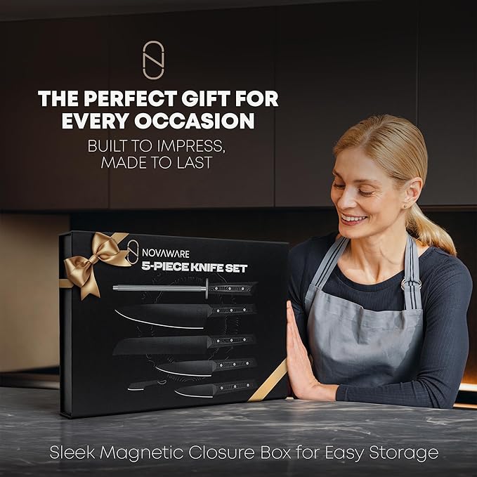 NOVAWARE 5 Pc Kitchen Knife Set ??Ultra Sharp 60 HRC Chef Knife Sets, Black Titanium Coated Steel, Ergonomic G10 Handles ??Chef Knives Without Block + Mini-Knife, Professional Knives Set for Kitchen