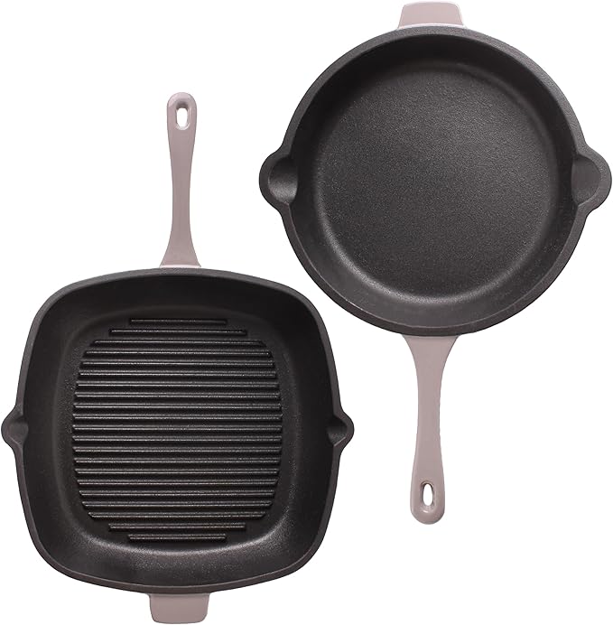 BergHOFF Neo 3Pc Enameled Cast Iron Cookware Set, Fry Pan 10 inches, Grill Pan 11 inches, Slotted Steak Press, Fast, Evenly Heat, Oven safe (Oyster)