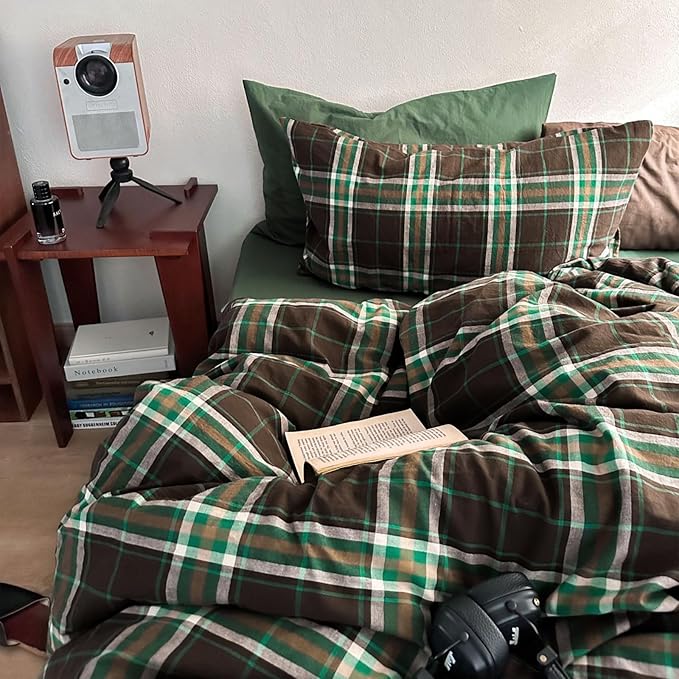 LifeTB Brown Green Plaid Comforter Set Twin XL, Modern Style 3 Pieces Grid Comforter with 2 Pillowcases, Vintage Plaid Checkered Comforter for All Seasons, Breathable Soft Fluffy Gingham Bedding Set