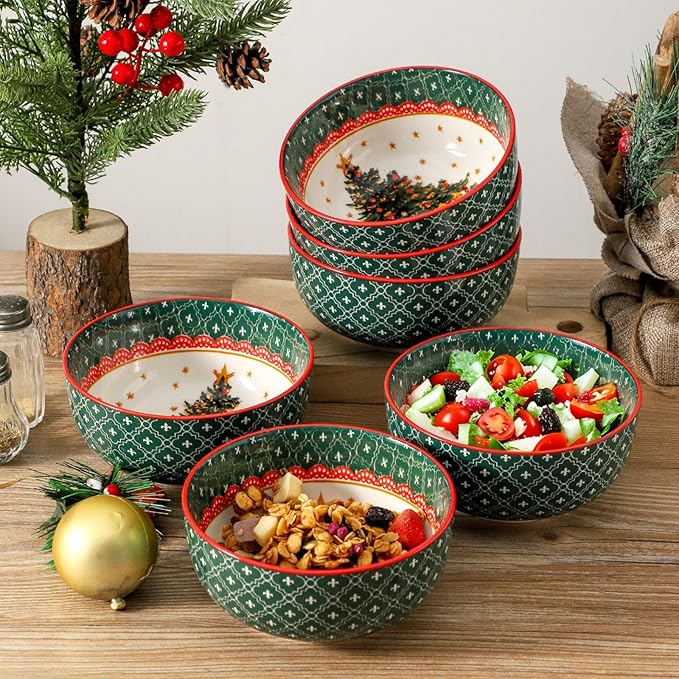 glowworm Christmas Cereal Bowls, 26 Oz Soup Bowls Set of 6 for Kitchen, Bowls Set for Rice, Oatmeal, Dessert, Dishwasher & Microwave safe