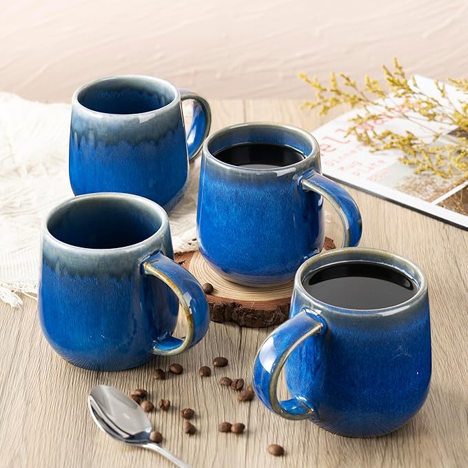 bestone Coffee Mugs Set of 4竊?5 oz Large Coffee Mugs, Ceramic Mugs with Handles,etc Coffee Mugs, Cups for Coffee Cereal Latte 竊똌icrowave & Dishwasher safe竊똃ark Blue