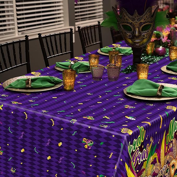 6 Pcs Mardi Gras Decorations, 54 X 108 Inches Mardi Gras Tablecloth Rectangular Table Cover, Disposable Purple Masquerade Mask Feather Tablecover, Plastic Tablecover For Masquerade Party Decorations