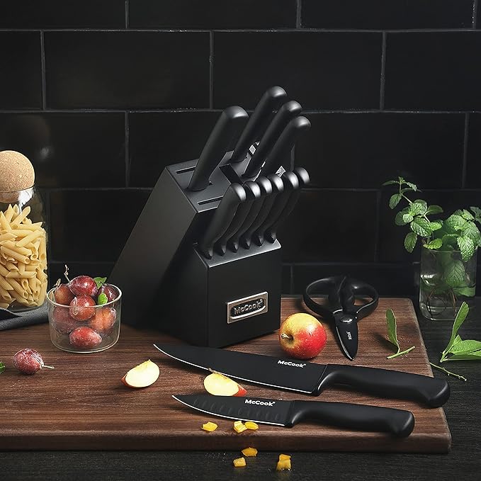 McCook짰 Knife Sets,German Stainless Steel Knife Block Sets with Built-in Sharpener, Black