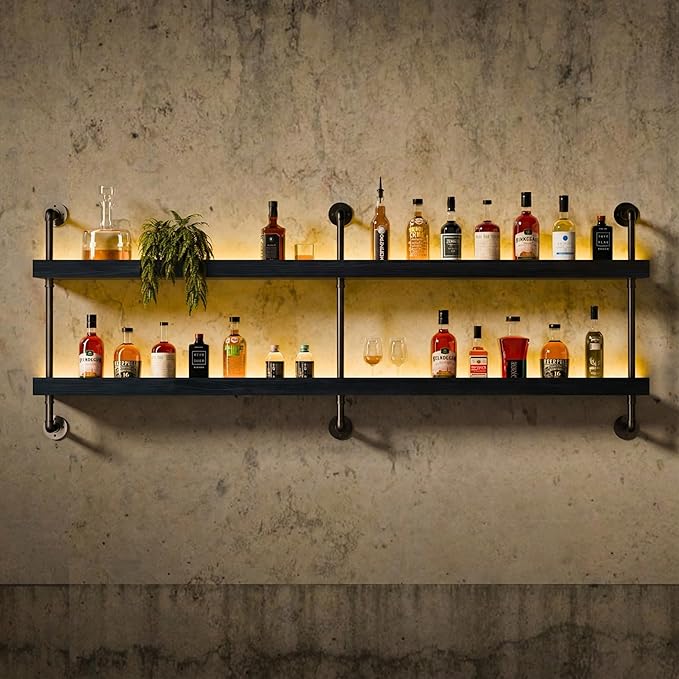 Wall Mounted Wine Rack with LED Light, LED Industrial Pipe Liquor Bar Shelves, 2-Tier Rustic Hanging Organizer for Wine Bottle Storage in Kitchen, Bar, Pub, Cellar(Black, 60 Inch)