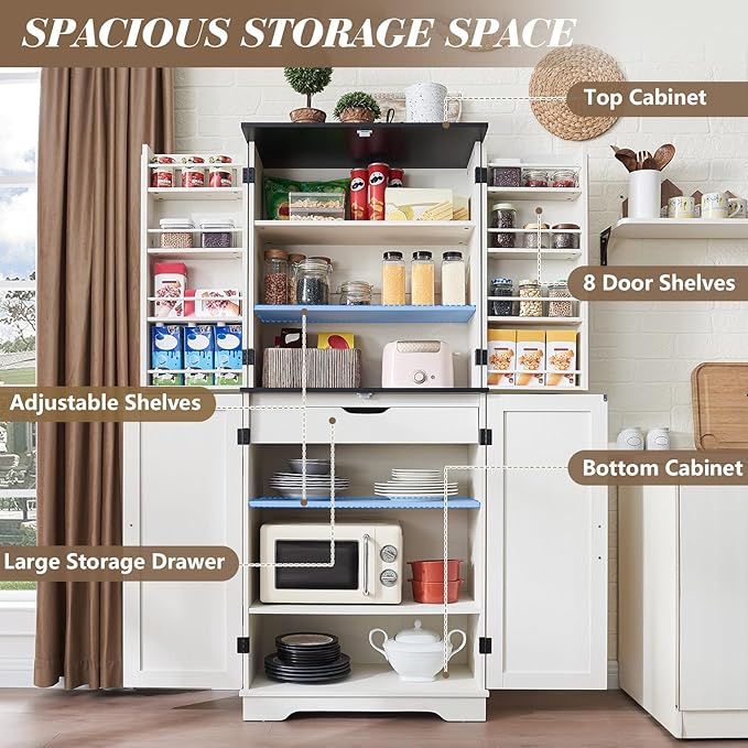 VanAcc 72" Tall Farmhouse Kitchen Pantry Cabinet with Door Organizer & Adjustable Shelves, Wooden Storage Cupboard with Drawer and Barn Doors for Kitchen, Dining Room, Living Room, Distressed White