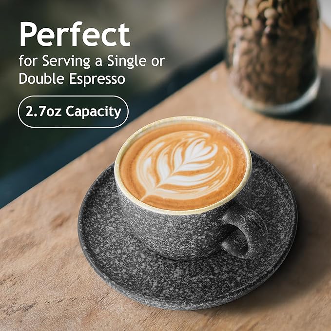 MIAMIO ??2.7 Oz Ceramic Stackable Espresso Cups with Saucers and Metal Stand, Set of 6 Espresso Cup, Demitasse Cups, Coffee Mugs for Espresso, Latte, Caf챕 Mocha & Tea ??Las Palmitas Collection