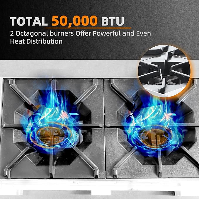 2 Burner Commercial Hot Plate, 12" Countertop Gas Stove Stainless Steel Natural Gas Range with Propane Conversion Kit Cooking Equipment for Restaurant Kitchen-50000 BTU