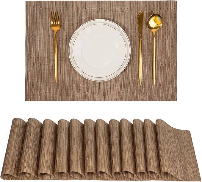 flohar Placemats Set of 12竊똍on-Slip PVC Weave Table Mats Easy to Clean竊똇eat Resistant Place Mats for Kitchen Dining Table Decoration Indoor Outdoor竊똋ight Brown