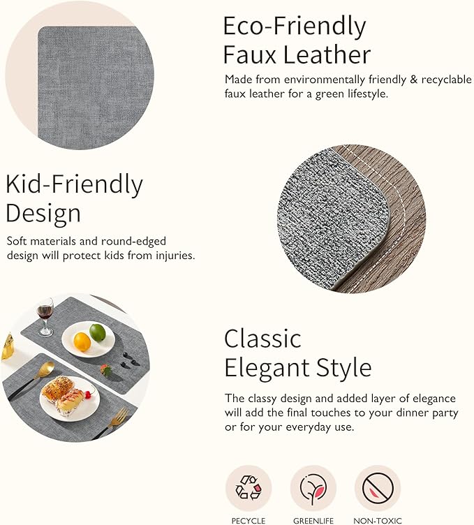 Maxpearl Faux Leather Placemats Set of 4 - Waterproof - Wipe Clean - Heat Resistant - Anti Slip Dining Table Place Mats, Suitable for Indoor & Outdoor Use, 17?쇺쇒?2?쇺? Grey