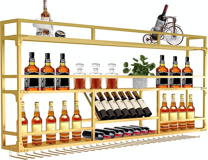 Wall Mounted Wine Rack, Floating Industrial Liquor Glass Holder 3 Tiers, Large Metal Wine Bottle Display Rack Hanging Shelf, for Home Bar Dining Room Decorative (Gold-B, 47.24x35.43x9.84in)
